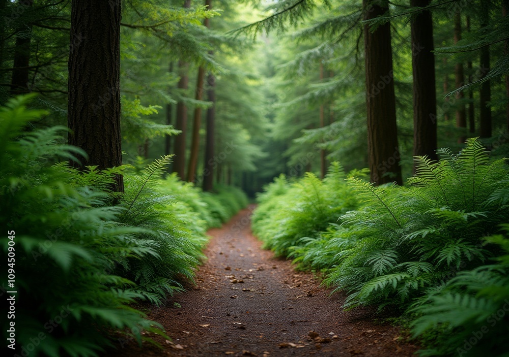 Fototapeta premium Lush forest trail surrounded by ferns and towering trees on a calm summer day