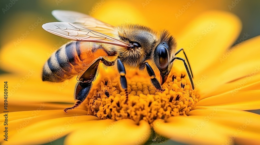 A bee is actively gathering nectar from a bright yellow flower, showcasing its detailed body and delicate wings under the warm sunlight in a garden setting A bee is actively gathering nectar from a bright yellow flower, showcasing its detailed body and delicate wings under the warm sunlight in a garden setting