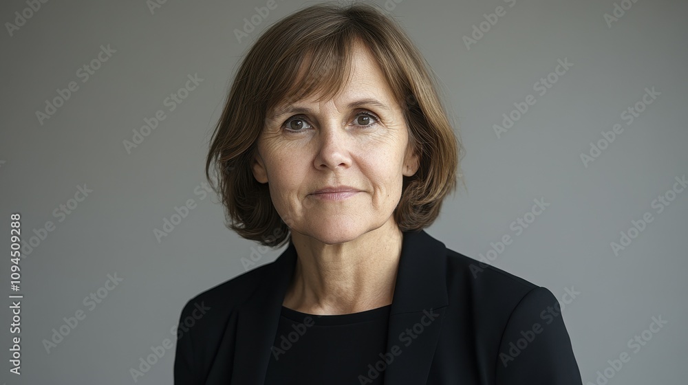 A professional woman stands confidently against a light gray background. She is dressed in a dark blazer, exuding calm and assurance. Her expression is thoughtful and focused A professional woman stands confidently against a light gray background. She is dressed in a dark blazer, exuding calm and assurance. Her expression is thoughtful and focused