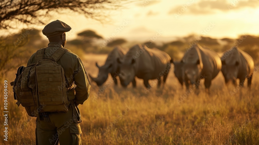 A ranger monitoring a herd of rhinos in a protected reserve, ensuring their safety from poaching. A ranger monitoring a herd of rhinos in a protected reserve, ensuring their safety from poaching.