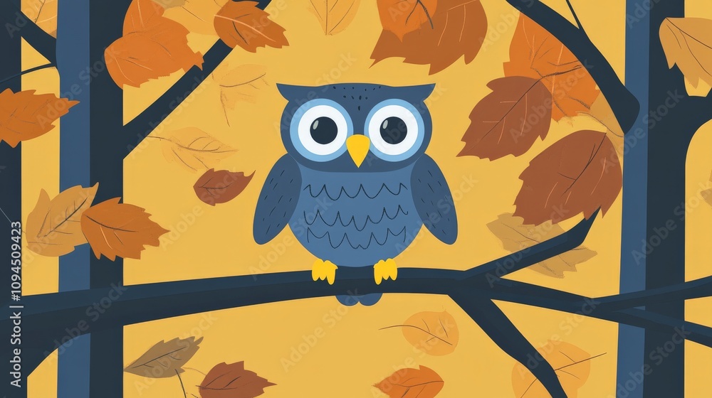Obraz premium Owl Perched on Branch in Autumn Forest Graphic
