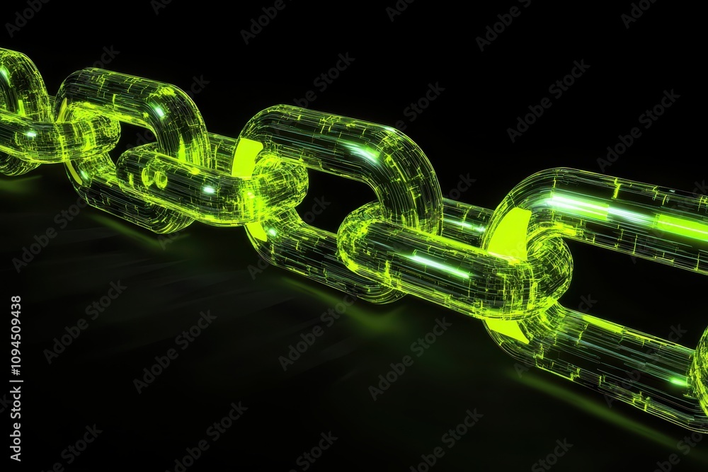 Neon lime blockchain design glowing with digital connectivity on dark background Neon lime blockchain design glowing with digital connectivity on dark background