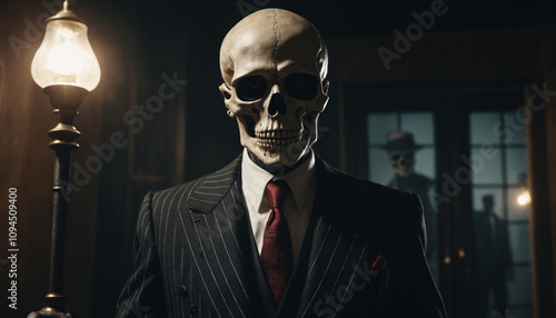 skeleton wearing a mafia suit posing in the camera, movie like vibes with cinematic lighting photo