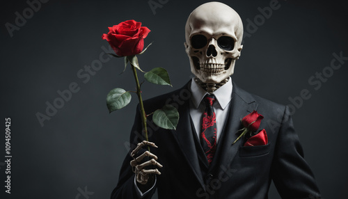 skeleton wearing a mafia suit and a red rose posing in the camera