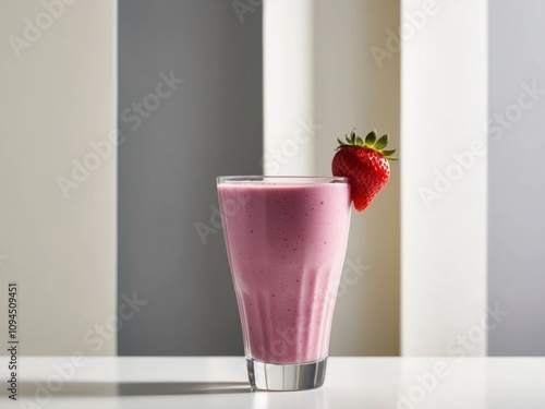 A glass of strawberry and blackberry smoothie with a strawberry on top. photo