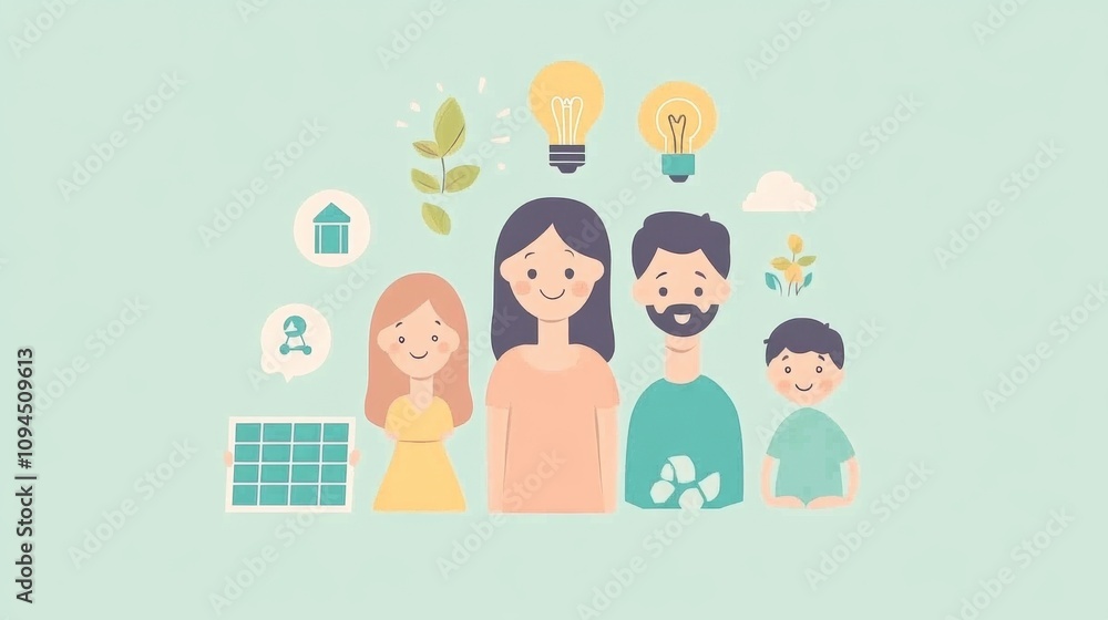Ecology concept vector illustration. Flat design of family with lightbulb, solar panel, plant, light bulb, recycling symbol. Ecology concept vector illustration. Flat design of family with lightbulb, solar panel, plant, light bulb, recycling symbol.