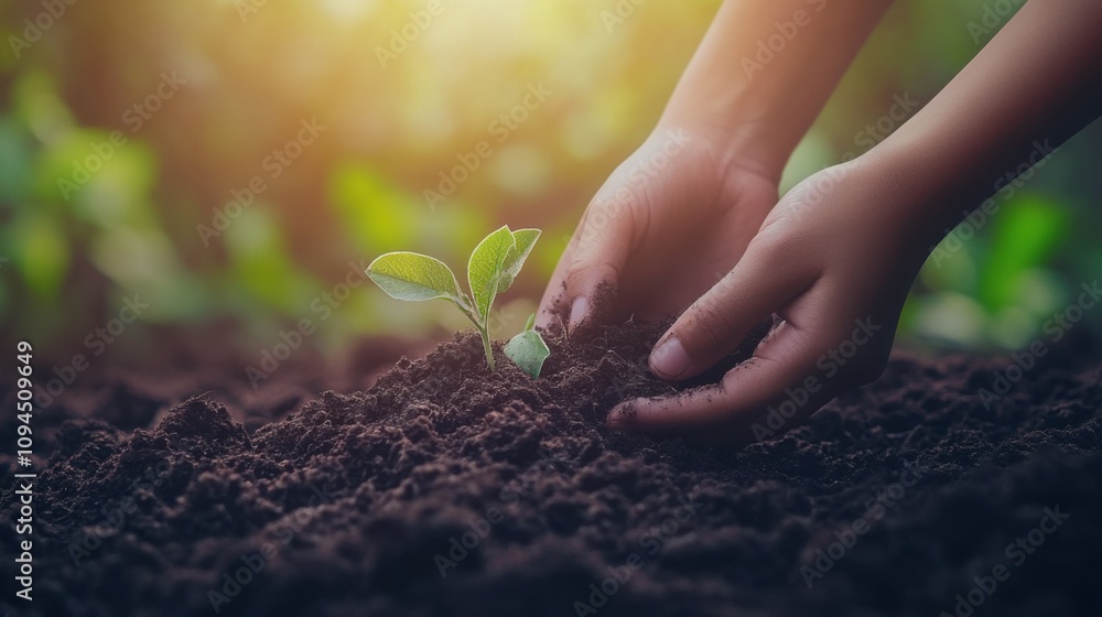 Fototapeta premium Hands of child planting tree on fertile soil background with sunlight.