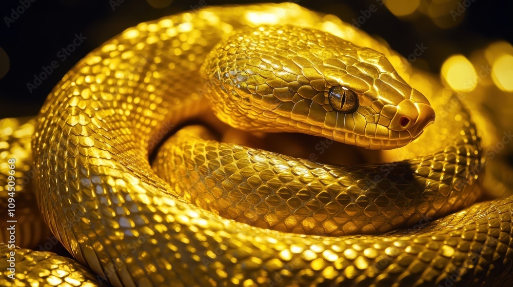 Obraz premium Golden snake with intricate gold-leaf patterns on black background