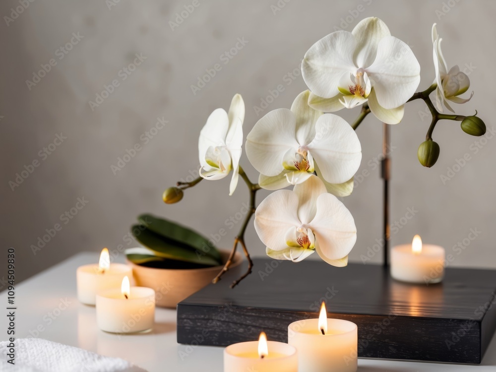Serene Spa Scene Featuring Delicate White Orchids and Softly Glowing Candles for Relaxation and Rejuvenation. Serene Spa Scene Featuring Delicate White Orchids and Softly Glowing Candles for Relaxation and Rejuvenation.