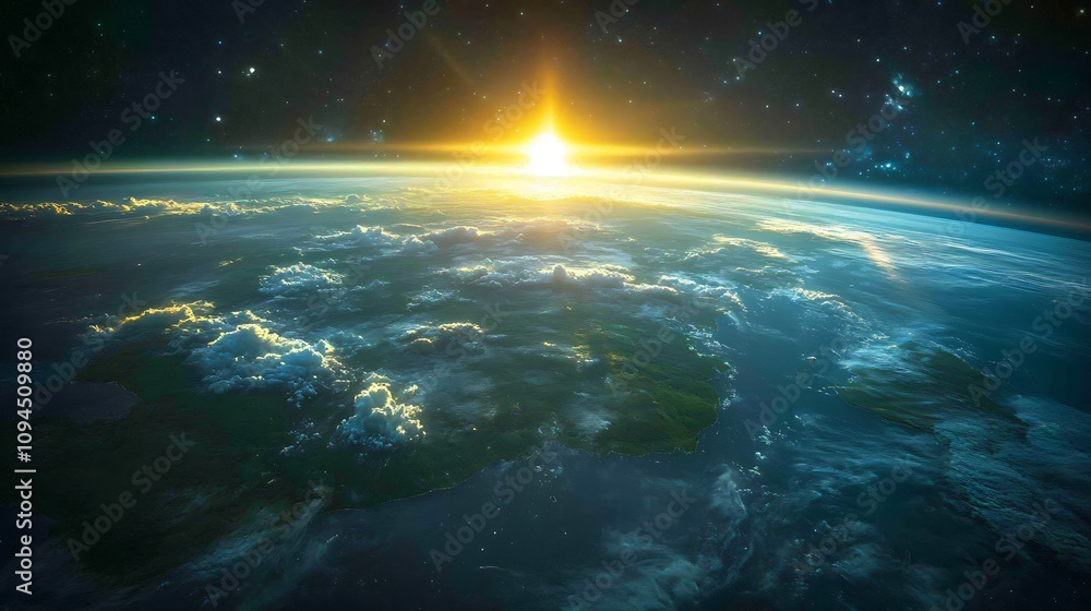A breathtaking view of Earth from space, illuminated by the soft glow of the sun, with lush green continents and vibrant blue oceans, gentle rays of light creating a serene atmosphere, space-themed A breathtaking view of Earth from space, illuminated by the soft glow of the sun, with lush green continents and vibrant blue oceans, gentle rays of light creating a serene atmosphere, space-themed