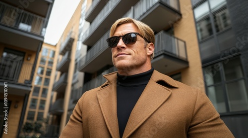 A man exudes confidence while wearing a fashionable tan coat and dark sunglasses. He stands in an urban area featuring contemporary buildings, showcasing modern architecture