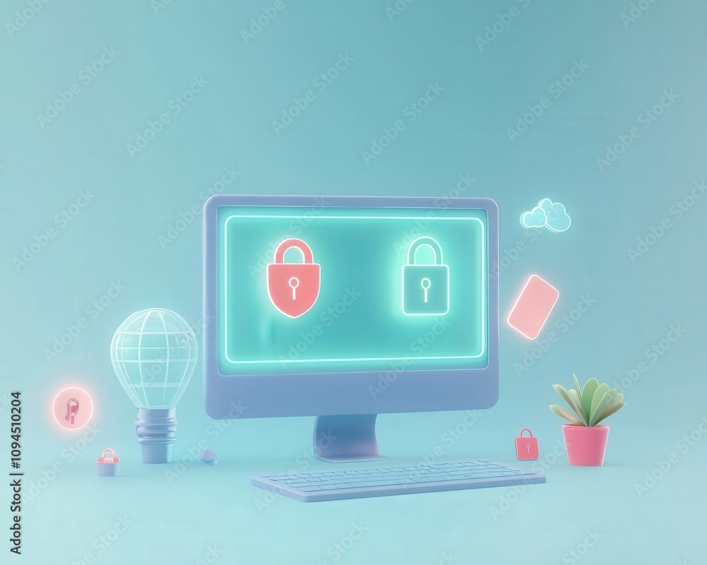Computer with glowing lock and shield icons for safety