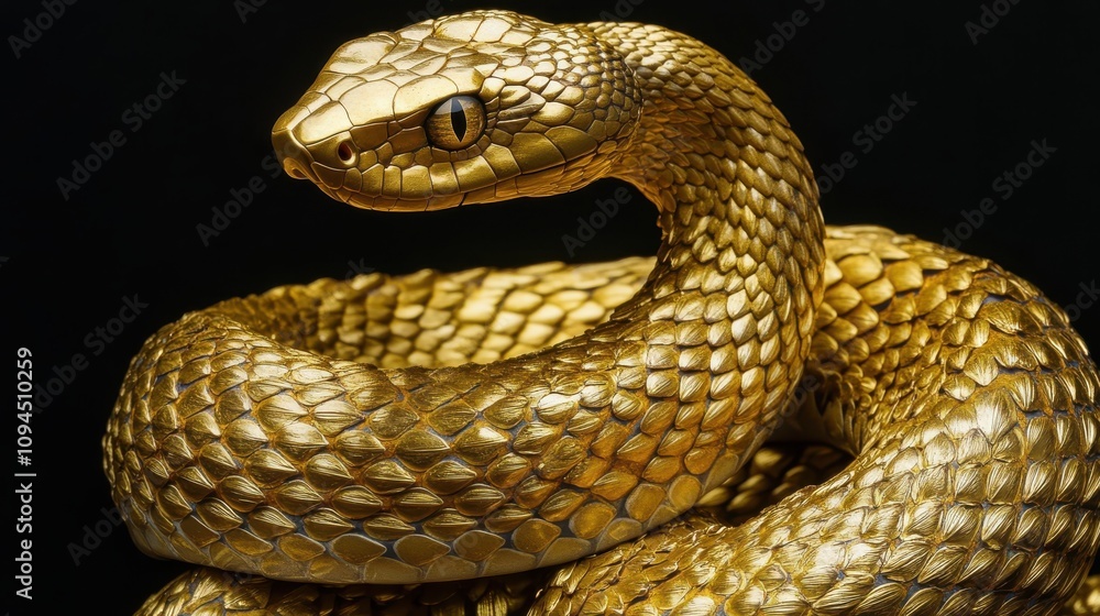 Fototapeta premium Golden snake with intricate gold-leaf patterns on black background