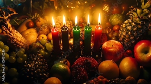 Intricate close-up of a kinara with seven candles-black, red, and green-surrounded by a colorful array of fruits and vegetables, soft lighting creating a warm, golden glow photo