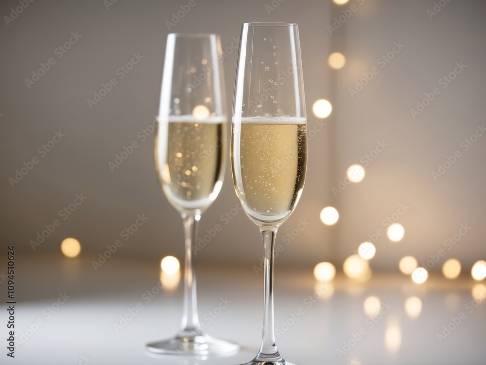 two glasses of champagne with lights in the background focus on near glass. two glasses of champagne with lights in the background focus on near glass.