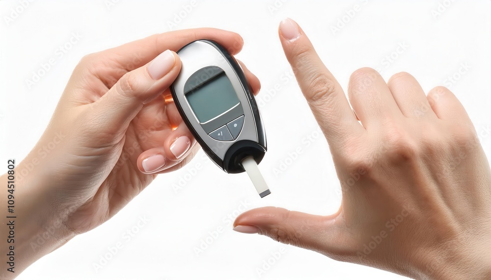 Person using a glucose meter to check blood sugar levels. Person using a glucose meter to check blood sugar levels.