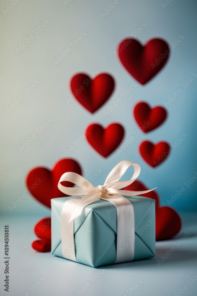 A beautifully wrapped gift on a blue background surrounded by red hearts for a special occasion. A beautifully wrapped gift on a blue background surrounded by red hearts for a special occasion.