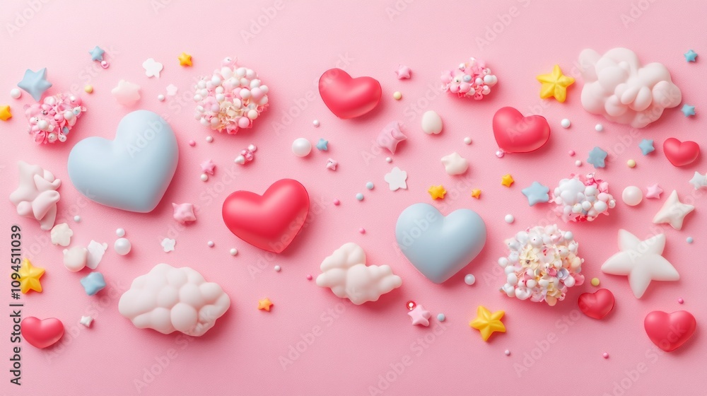 A pink background with a lot of hearts and stars. The hearts are in different colors and sizes, and the stars are scattered throughout the image. Scene is cheerful and playful, with the hearts A pink background with a lot of hearts and stars. The hearts are in different colors and sizes, and the stars are scattered throughout the image. Scene is cheerful and playful, with the hearts