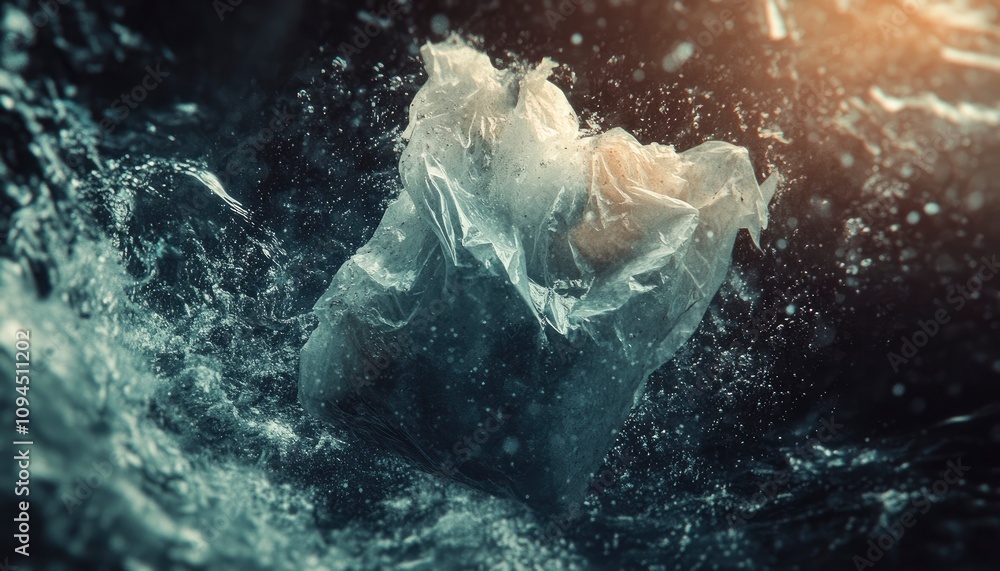 Fototapeta premium A figure submerged in water, wrapped in a plastic bag, creating a dramatic and emotional scene.