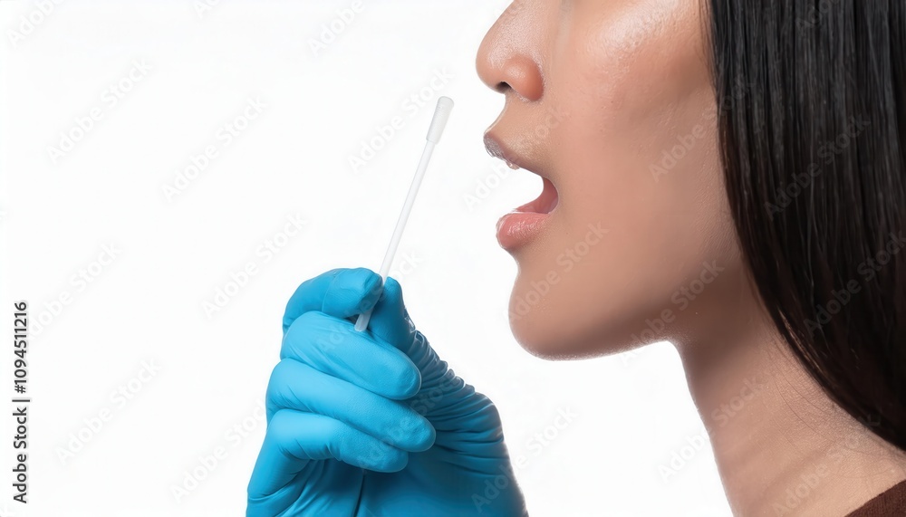 A woman prepares to take a medical saliva test with a swab. A woman prepares to take a medical saliva test with a swab.