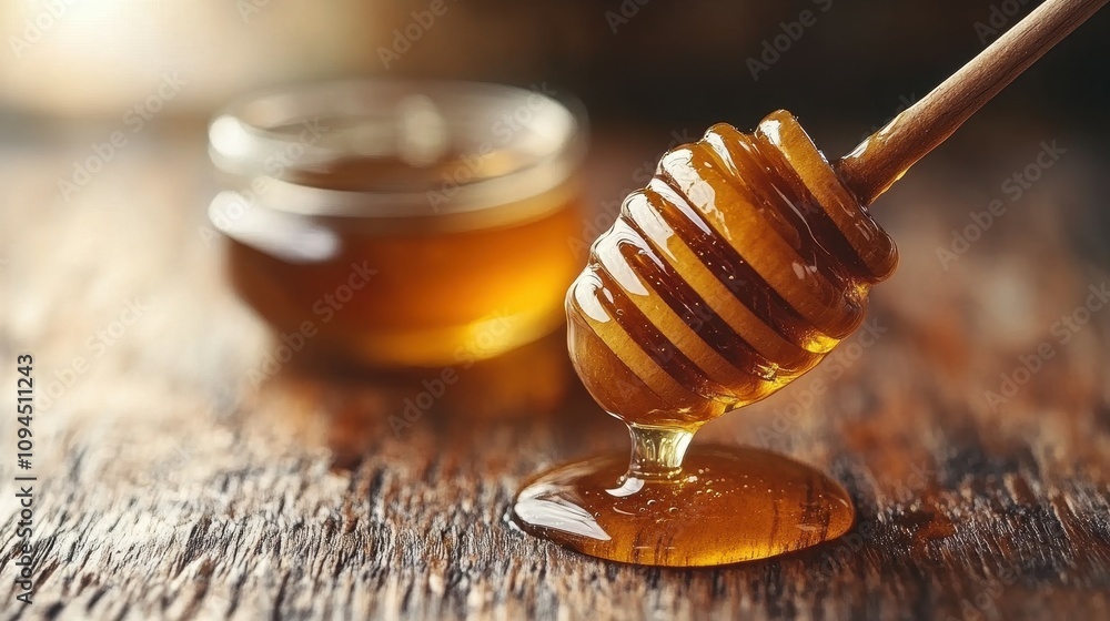 A wooden dipper coated in golden honey drips over a glass jar filled with honey, placed on a weathered wooden surface, highlighting the natural sweetness and texture A wooden dipper coated in golden honey drips over a glass jar filled with honey, placed on a weathered wooden surface, highlighting the natural sweetness and texture