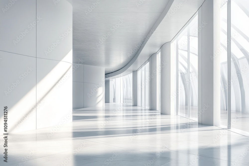 Fototapeta premium A modern, minimalist interior with curved lines and abundant natural light.