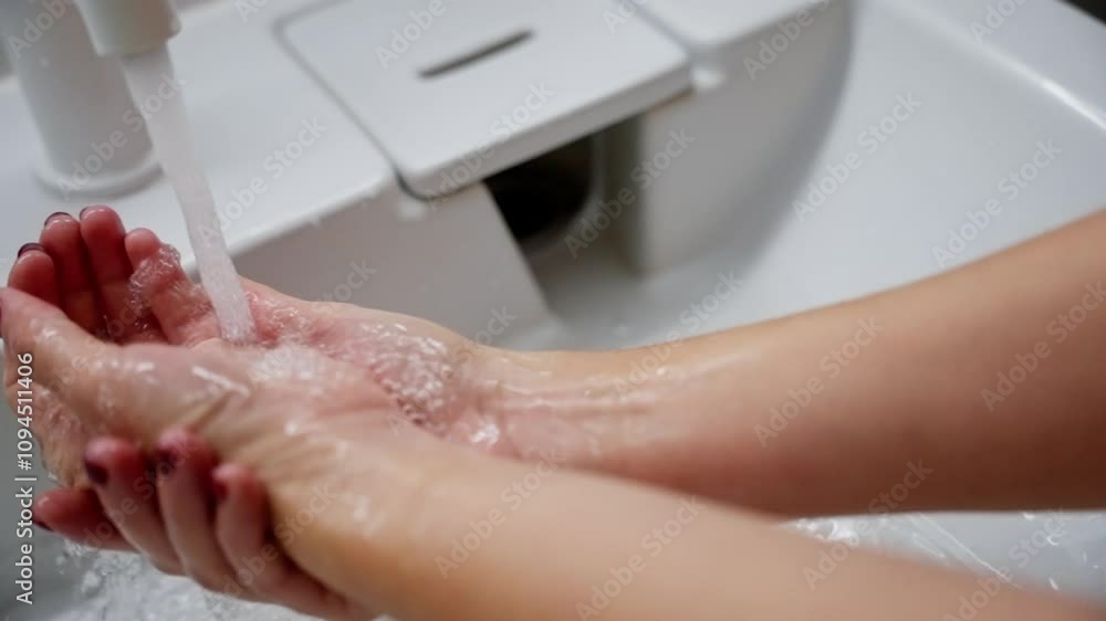 Woman carefully washes her hands with soap and water, ensuring thorough cleaning between her fingers and up to her wrists for optimal hygiene and health protection Woman carefully washes her hands with soap and water, ensuring thorough cleaning between her fingers and up to her wrists for optimal hygiene and health protection
