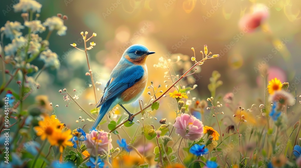 Bluebird on Branch Surrounded by Wildflowers Bluebird on Branch Surrounded by Wildflowers