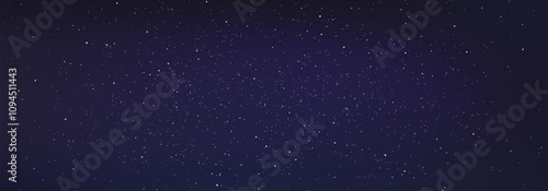 Stary night sky horizontal background. Night sky with stars. Bright particles falling with star. Glittering particles on dark blue background. Light with flares