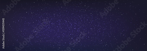Stary night sky horizontal background. Night sky with stars. Bright particles falling with star. Glittering particles on dark blue background. Light with flares