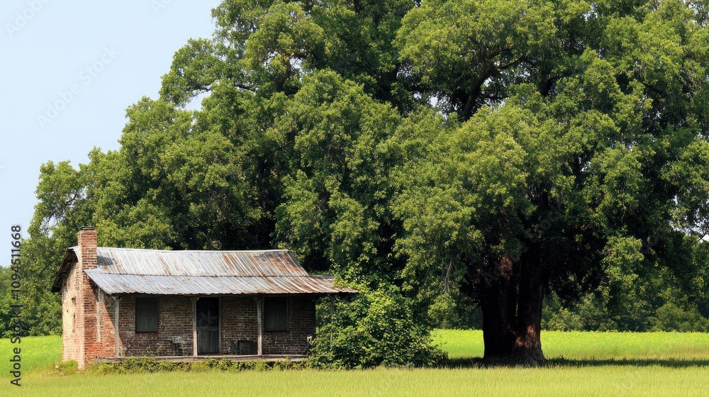 A rustic house beside a large tree in a green field under a clear sky. A rustic house beside a large tree in a green field under a clear sky.