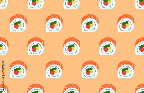 seamless pattern with uramaki sushi on orange background.