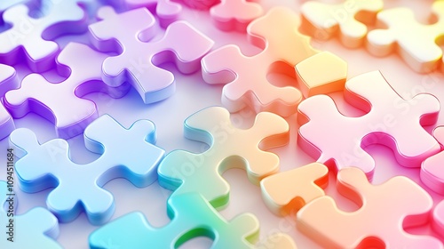 A calm, abstract design featuring interlocking colorful puzzle pieces, each representing mental health, against a white background with soft pastel hues, light playing across the pieces, symbolizin