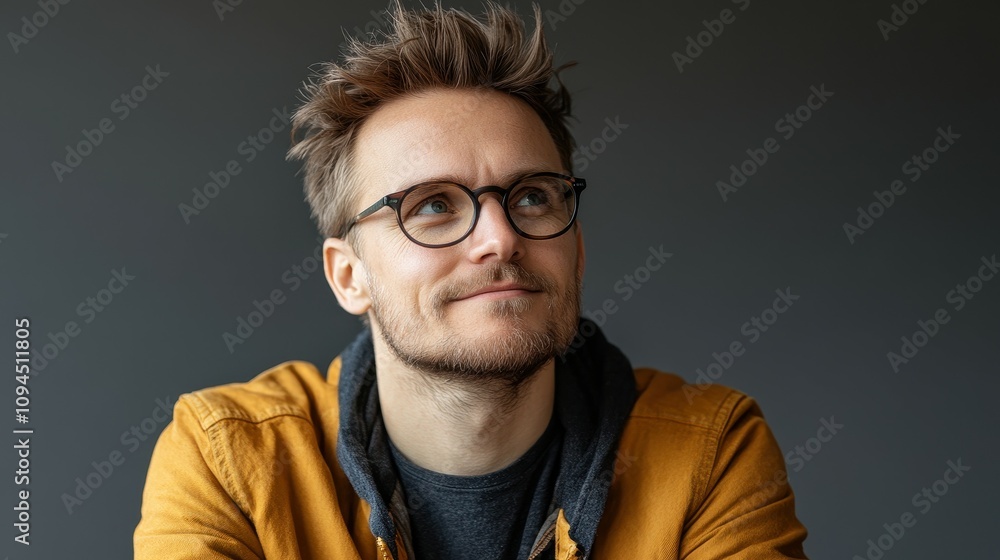 Fototapeta premium A young man wearing glasses and a casual golden jacket sits with a slight smile, lost in thought. The setting features a simple dark background, emphasizing his expression