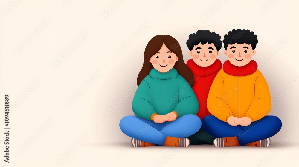 Happy Friends Sitting Together in Winter Coats Happy Friends Sitting Together in Winter Coats