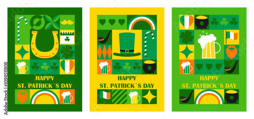Set of Happy St. Patricks Day vertical greeting cards with modern abstract geometric pattern. Vector illustration