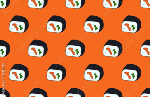 seamless pattern with maki sushi on orange background.