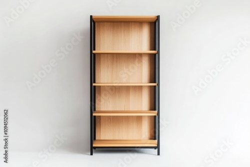 A simple, minimalist, modern tall bookcase with a black metal frame and light wood shelves on the front
