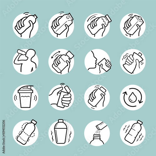 Shake icons set. Set for package, shows user instruction. The outline icons are well scalable and editable. Contrasting vector elements are good for different backgrounds. EPS10.