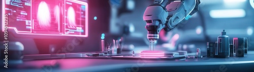 High-tech hair implantation device, robotic precision tools, neon holographic displays, futuristic clinic