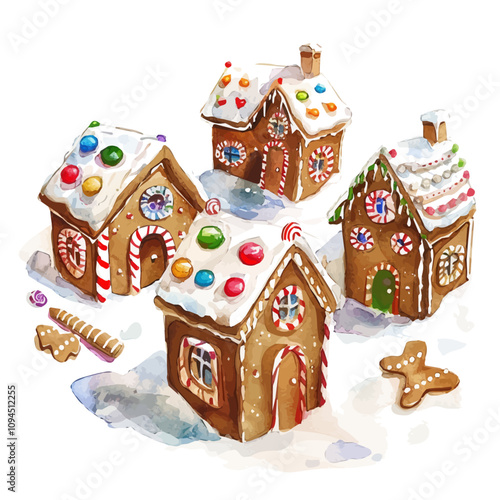 A watercolor drawing of Gingerbread Houses with Sugar and Candy, isolated on a white background. Gingerbread Houses vector.