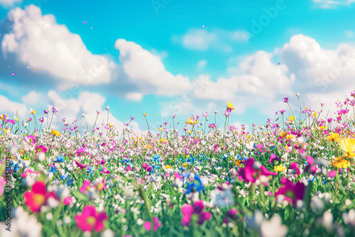 Field of flowers with a blue sky in the background. The flowers are in full bloom and the sky is clear and bright photo