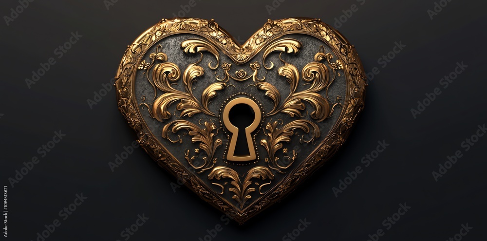 Ornate golden heart shaped padlock with keyhole on a dark background. Ornate golden heart shaped padlock with keyhole on a dark background.