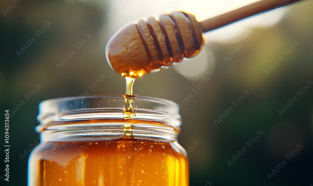 a honey jar with a dripping wooden spoon over it, Generative AI a honey jar with a dripping wooden spoon over it, Generative AI
