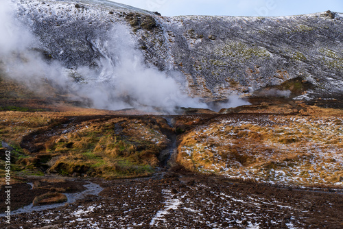 Scenic view of Reykjadalur hot springs area in Iceland, popular tourist destination