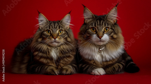 Two adorable cats posed in front of a vibrant red background, perfect for pet-themed imagery photo