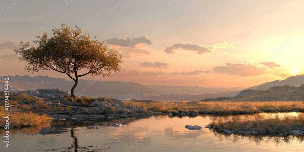 A lone tree by a tranquil lake reflecting the warm hues of a sunset with mountains in the background.
A lone tree by a tranquil lake reflecting the warm hues of a sunset with mountains in the background.