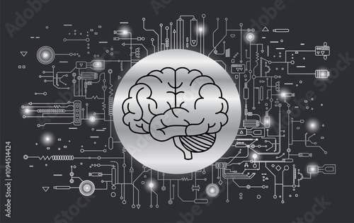 Artificial intelligence brain. Concept of Artificial Intelligence AI and Big Data. Electronic digital brain, circuit board and human brain outline in flat style.	