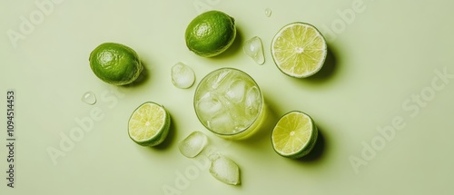 Refreshing iced lime drink with fresh garnish on green background photo