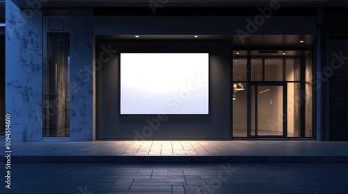 3D store front with blank signage at night